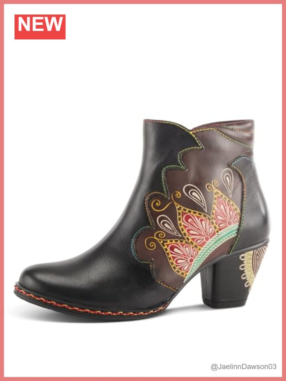 Hand-Painted Leather Western Ankle Bootie with Padded Insole and Zipper
